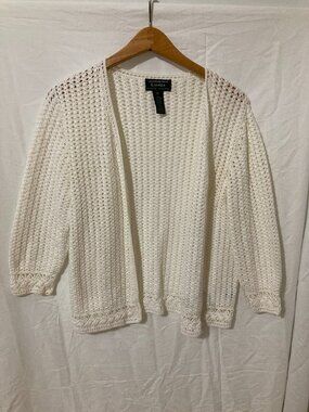 Lauren Ralph Lauren Women M White Open Cardigan Hand Knit 100% Cotton Unique